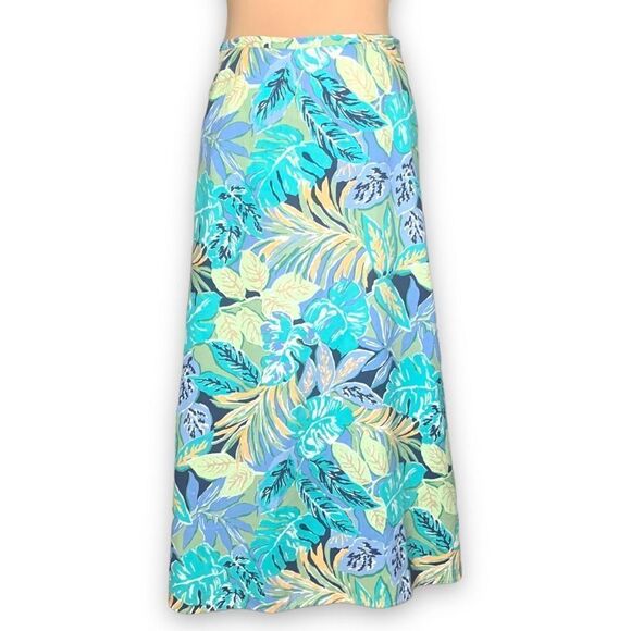 Talbots Skirt Multicolored Blue Tropical Leaf Pattern Lightweight Linen Blend - Picture 4 of 11